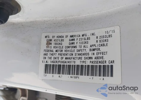 2016 Honda Accord Ex-L из США, поврежденный, VIN 1HGCR2F9XGA049779